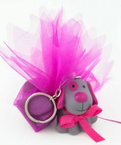 Porte clés Bill le chien dragées baptême - Gris et fuchsia