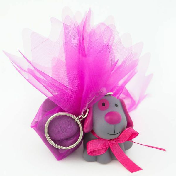 Porte clés Bill le chien dragées baptême - Gris et fuchsia