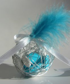 Boule a dragées métallique avec plume turquoise