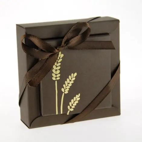 Boite à dragées marron communion - Carré - Épi de blé