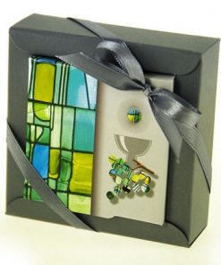 Boite à dragées Communion - Carré - Gris / Vert Motif Vitrail - Lot de 2