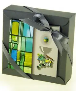 Boite à dragées Communion - Carré - Gris / Vert Motif Vitrail - Lot de 2