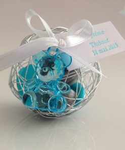 Boule métallique à dragées avec pendentif ourson turquoise