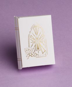 Boite à dragées communion en forme de missel avec motif vitrail or