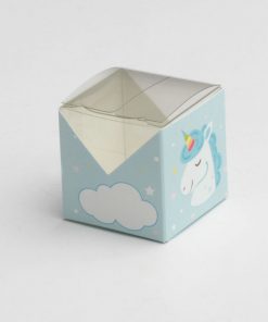 boite à dragées licorne carrée bleu
