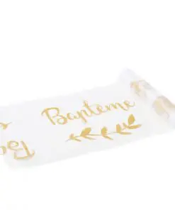 chemin de table Déco baptême blanc et or