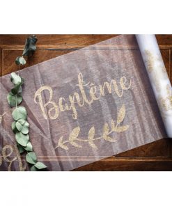 Déco baptême blanc et or chemin de table