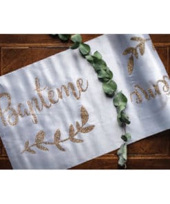 chemin de table bapteme satin blanc et or