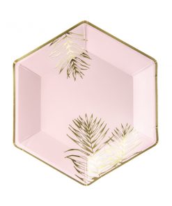 assiette hexagonale rose feuiiles or