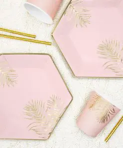 assiette hexagonale rose feuilles or