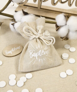 sac à dragées baptême blanc en lin