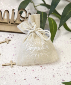 sac a dragées communion blanc lin