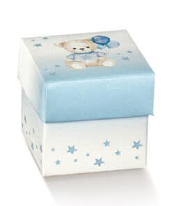 Boite a dragees cube ourson et ballon bleu