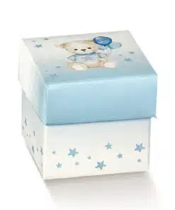 Boite a dragees cube ourson et ballon bleu