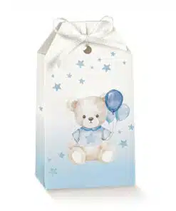 Boite a dragées étui ourson avec ballons bleu