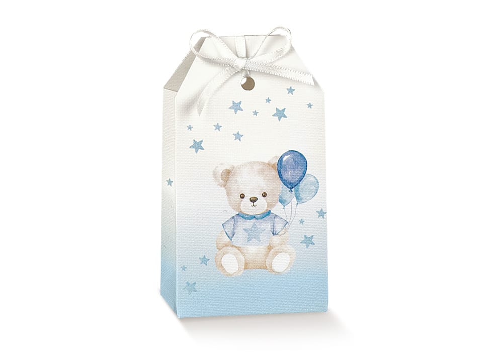 Boite a dragées étui ourson avec ballons bleu