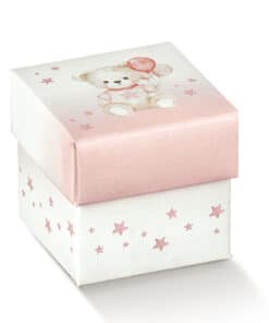 Boite a dragees cube ourson et ballon rose