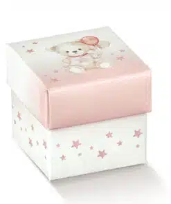 Boite a dragees cube ourson et ballon rose