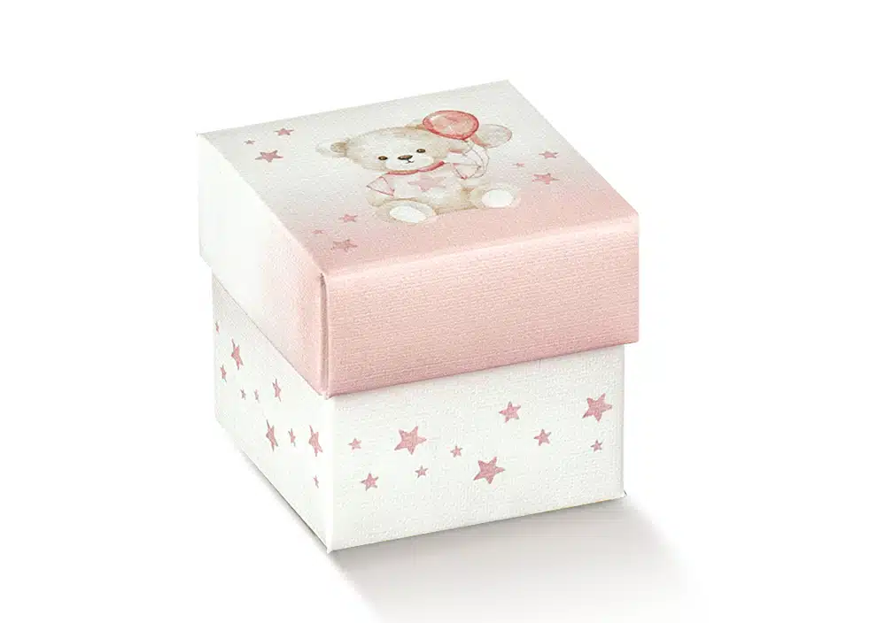 Boite a dragees cube ourson et ballon rose