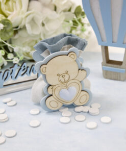 Contenant dragées baptême - Ourson en bois - Bleu