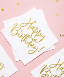 serviette anniversaire blanc et or