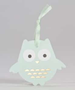 étiquette hibou vert d'eau et or