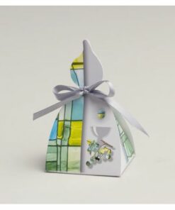 Boite à dragées Bougie - Gris / Vert Motif Vitrail