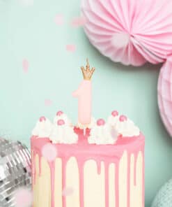 Deco anniversaire 1 anBougie gateau anniversaire 1 an rose et or avec couronne