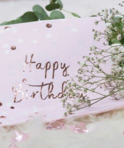 Serviette anniversaire rose gold Happy birthday confettis
