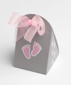 Boite a dragees gris et rose avec petits pieds