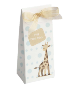 Boite à dragées girafe et pois bleu "p'tit bout d'chou"