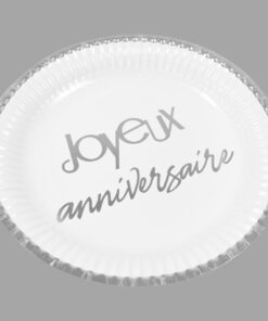 assiette Joyeux Anniveraise blanc et argent