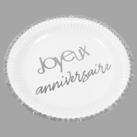 assiette Joyeux Anniveraise blanc et argent