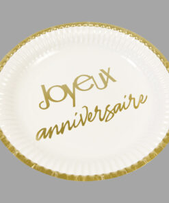assiette Joyeux Anniveraise blanc et or