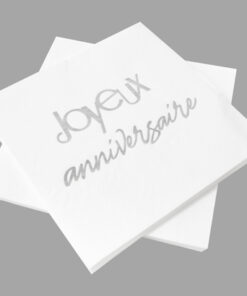 Serviette Joyeux Anniversaire Blanc et ARgent