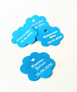 Etiquette dragées fleur turquoise