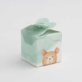Boite dragées ourson vert d'eau et taupe - candy fleur