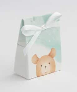 Boite dragées ourson vert d'eau et taupe - mini pochon