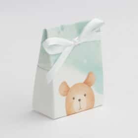 Boite dragées ourson vert d'eau et taupe - mini pochon