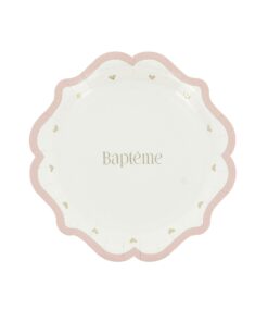 assiette bapteme rose blanc et or