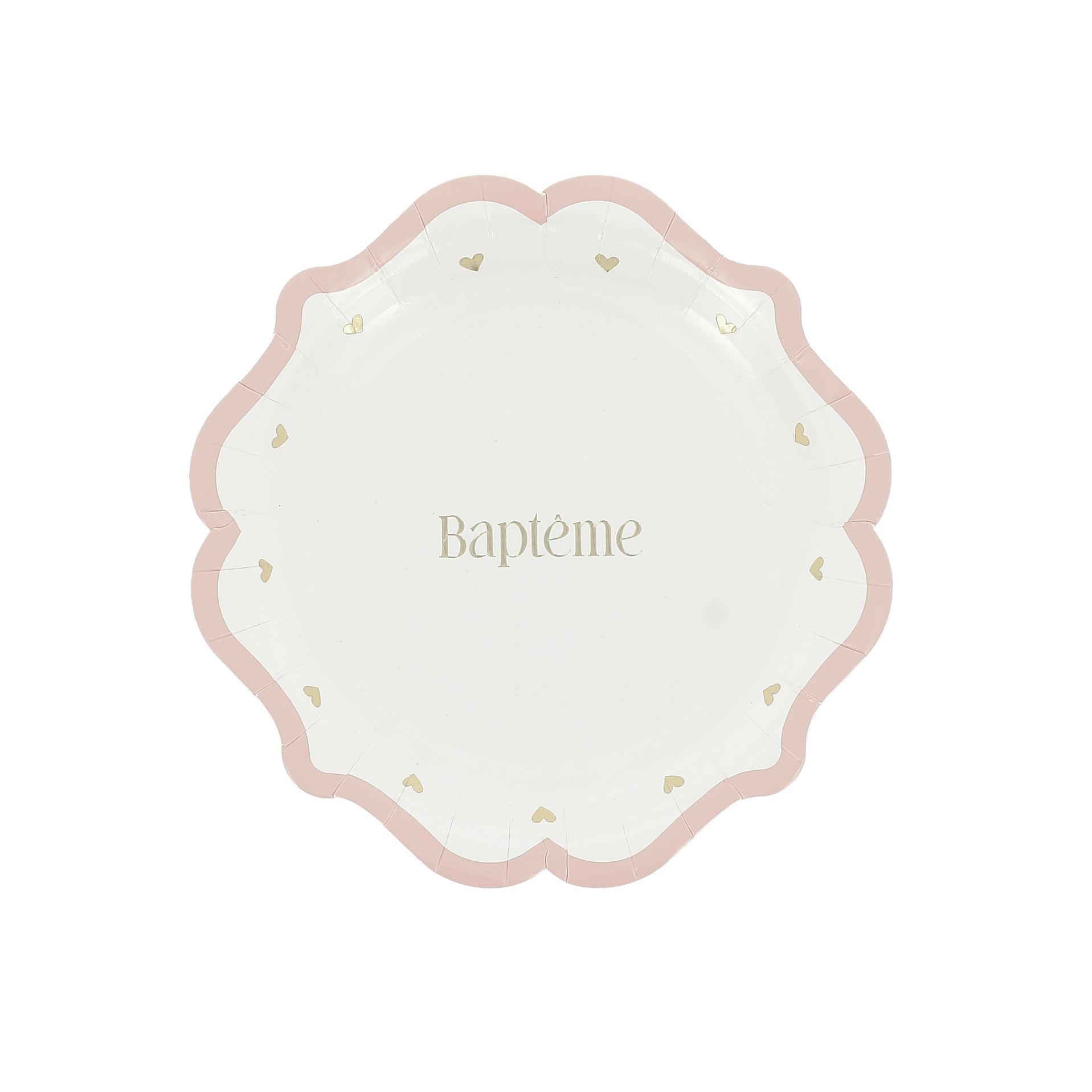 assiette bapteme rose blanc et or