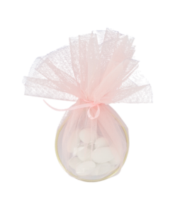 Contenants à dragées anneaux doré avec tulle Rose et ruban satin – Lot de 4